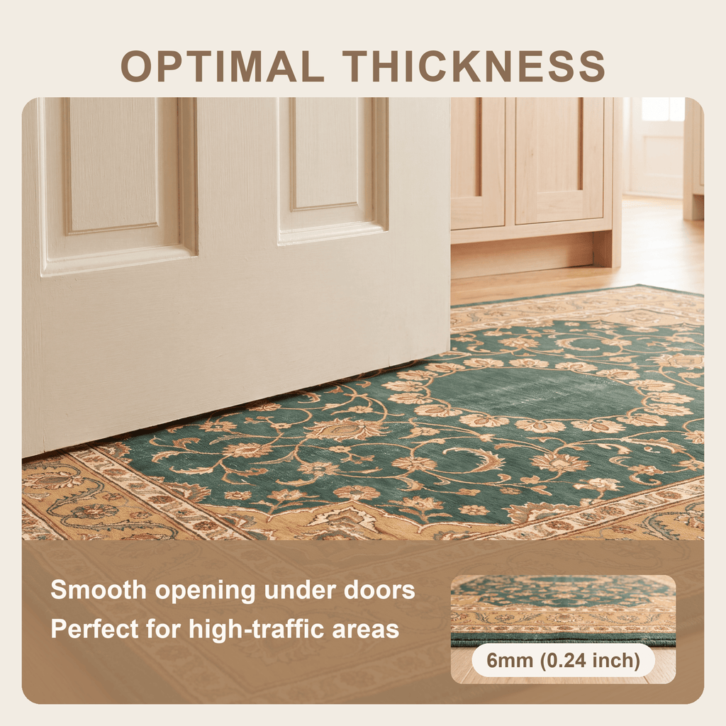 Reef2 Traditional Medallion Bordered Persian Style Forest Green Gold Cream Washable Indoor Outdoor Entryway Rug - RugzellaDigital Print RugRugzellaRugzellaBBB393-RECT-24x47-60x120cmRGZLLA114121Rectangle2' x 3'11" (60x120 cm)SHARED | Reef2 feature thickness