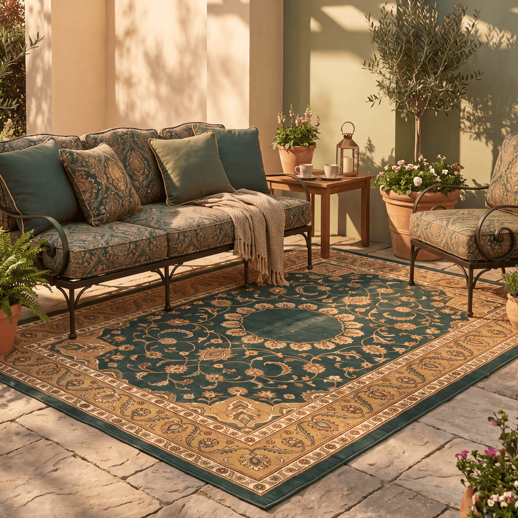 Reef2 Traditional Medallion Bordered Persian Style Forest Green Gold Cream Washable Indoor Outdoor Entryway Rug - RugzellaDigital Print RugRugzellaRugzellaBBB393-RECT-24x47-60x120cmRGZLLA114121Rectangle2' x 3'11" (60x120 cm)RECTANGLE | Reef2 rectangle outdoor