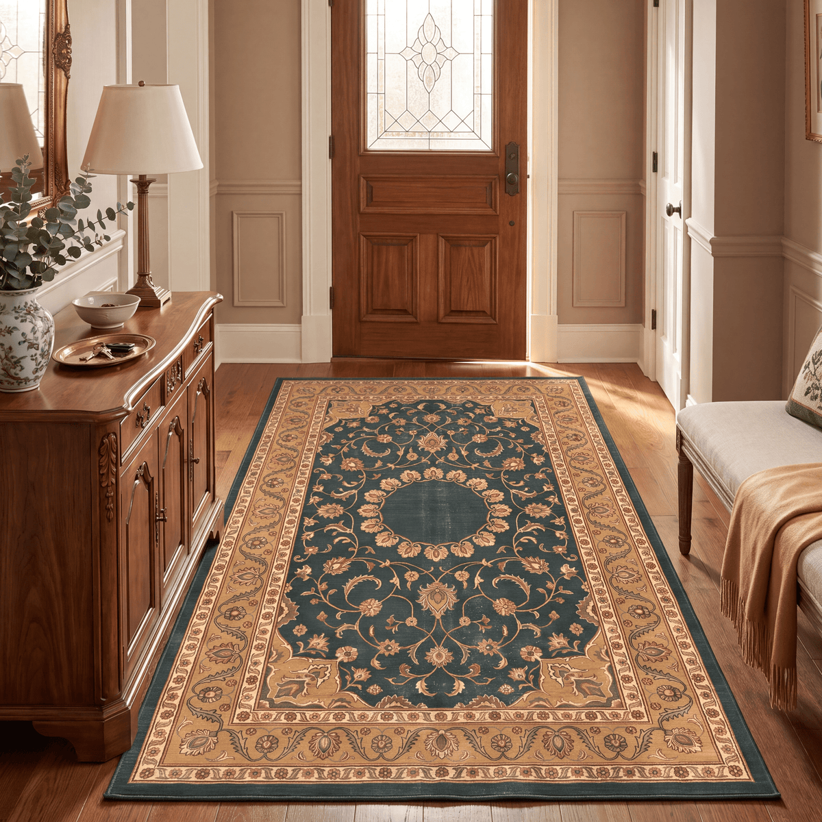 Reef2 Traditional Medallion Bordered Persian Style Forest Green Gold Cream Washable Indoor Outdoor Entryway Rug - RugzellaDigital Print RugRugzellaRugzellaBBB393-RECT-24x47-60x120cmRGZLLA114121Rectangle2' x 3'11" (60x120 cm)RUNNER | Reef2 runner entryway