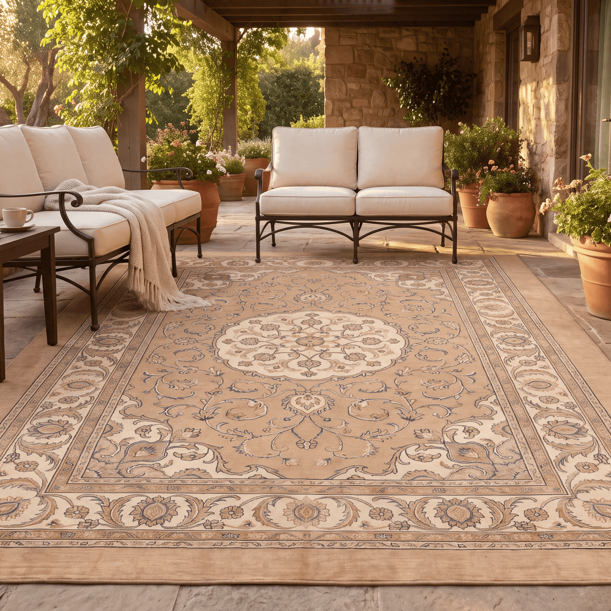 Rill2 Traditional Medallion Border Camel Cream Indigo Washable Indoor Outdoor Rug - RugzellaDigital Print RugRugzellaRugzellaBBB440-RECT-24x47-60x120cmRGZLLA100386Rectangle2' x 3'11" (60x120 cm)RECTANGLE | Rill2 rectangle outdoor