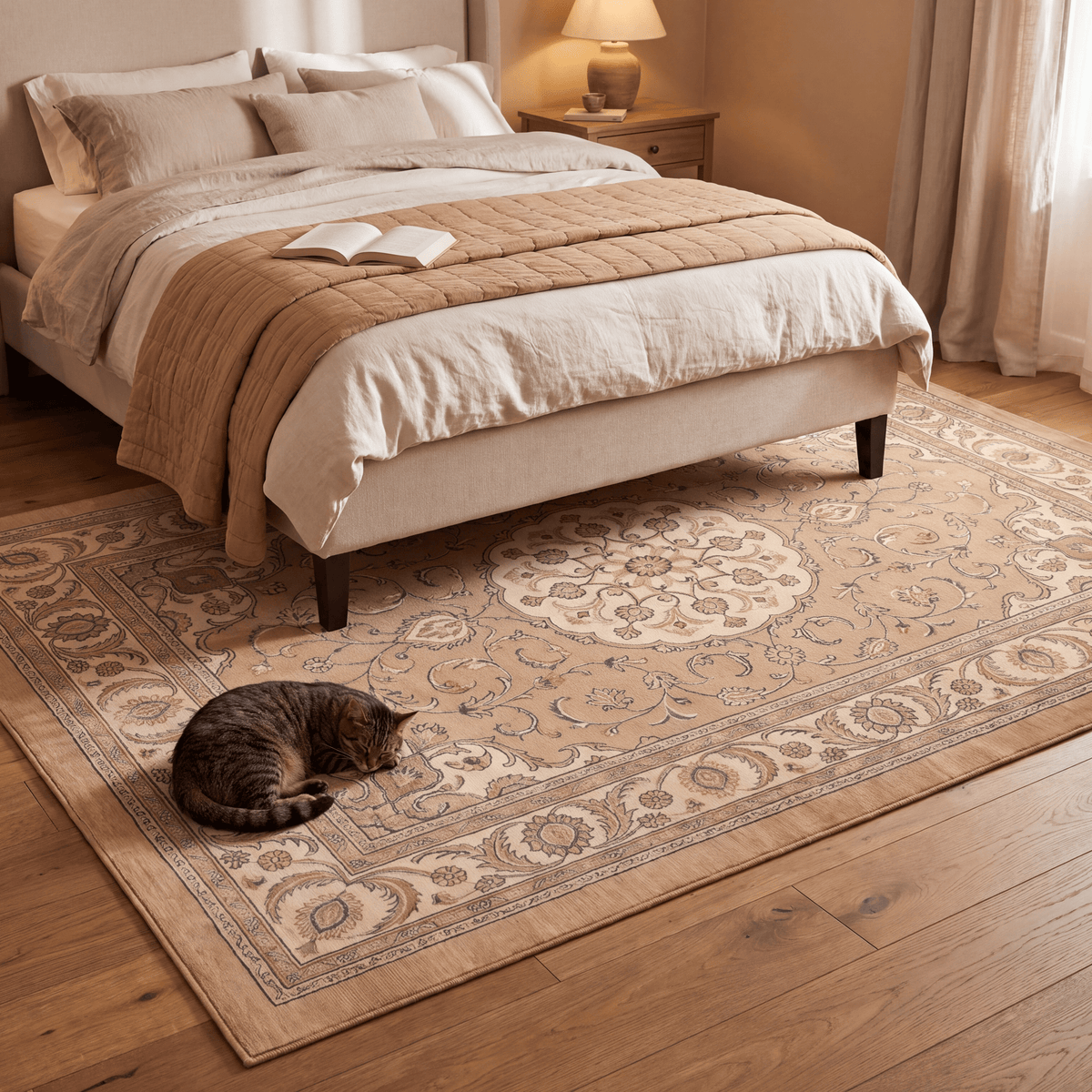 The rug at the foot of a bed with a cat asleep on it.