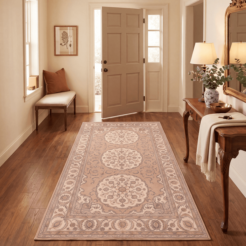 Rill2 Traditional Medallion Border Camel Cream Indigo Washable Indoor Outdoor Rug - RugzellaDigital Print RugRugzellaRugzellaBBB440-RECT-24x47-60x120cmRGZLLA100386Rectangle2' x 3'11" (60x120 cm)RUNNER | Rill2 runner entryway