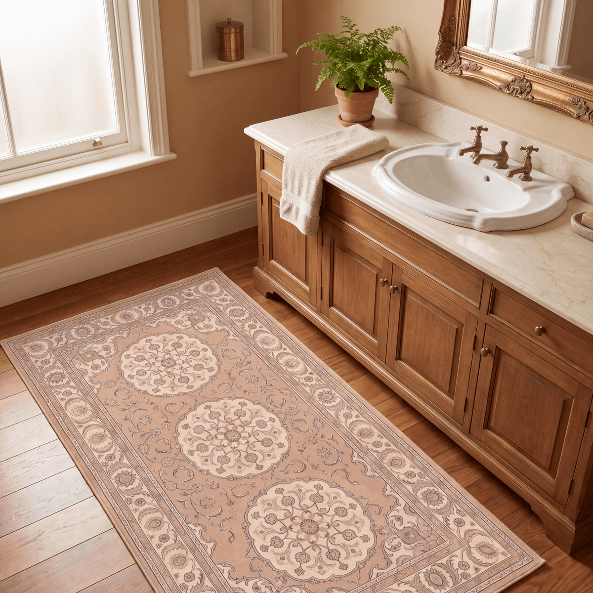 Rill2 Traditional Medallion Border Camel Cream Indigo Washable Indoor Outdoor Rug - RugzellaDigital Print RugRugzellaRugzellaBBB440-RECT-24x47-60x120cmRGZLLA100386Rectangle2' x 3'11" (60x120 cm)RUNNER | Rill2 runner bathroom