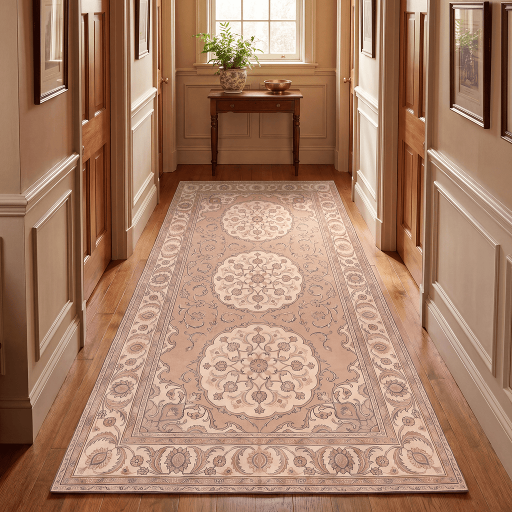 Rill2 Traditional Medallion Border Camel Cream Indigo Washable Indoor Outdoor Rug - RugzellaDigital Print RugRugzellaRugzellaBBB440-RECT-24x47-60x120cmRGZLLA100386Rectangle2' x 3'11" (60x120 cm)RUNNER | Rill2 runner hallway