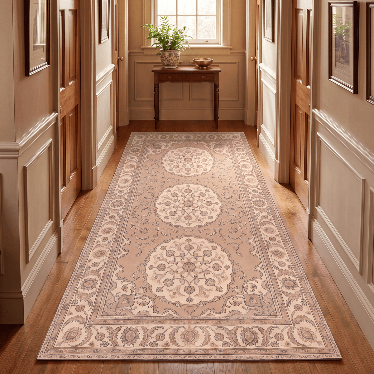 Rill2 Traditional Medallion Border Camel Cream Indigo Washable Indoor Outdoor Rug - RugzellaDigital Print RugRugzellaRugzellaBBB440-RECT-24x47-60x120cmRGZLLA100386Rectangle2' x 3'11" (60x120 cm)RUNNER | Rill2 runner hallway