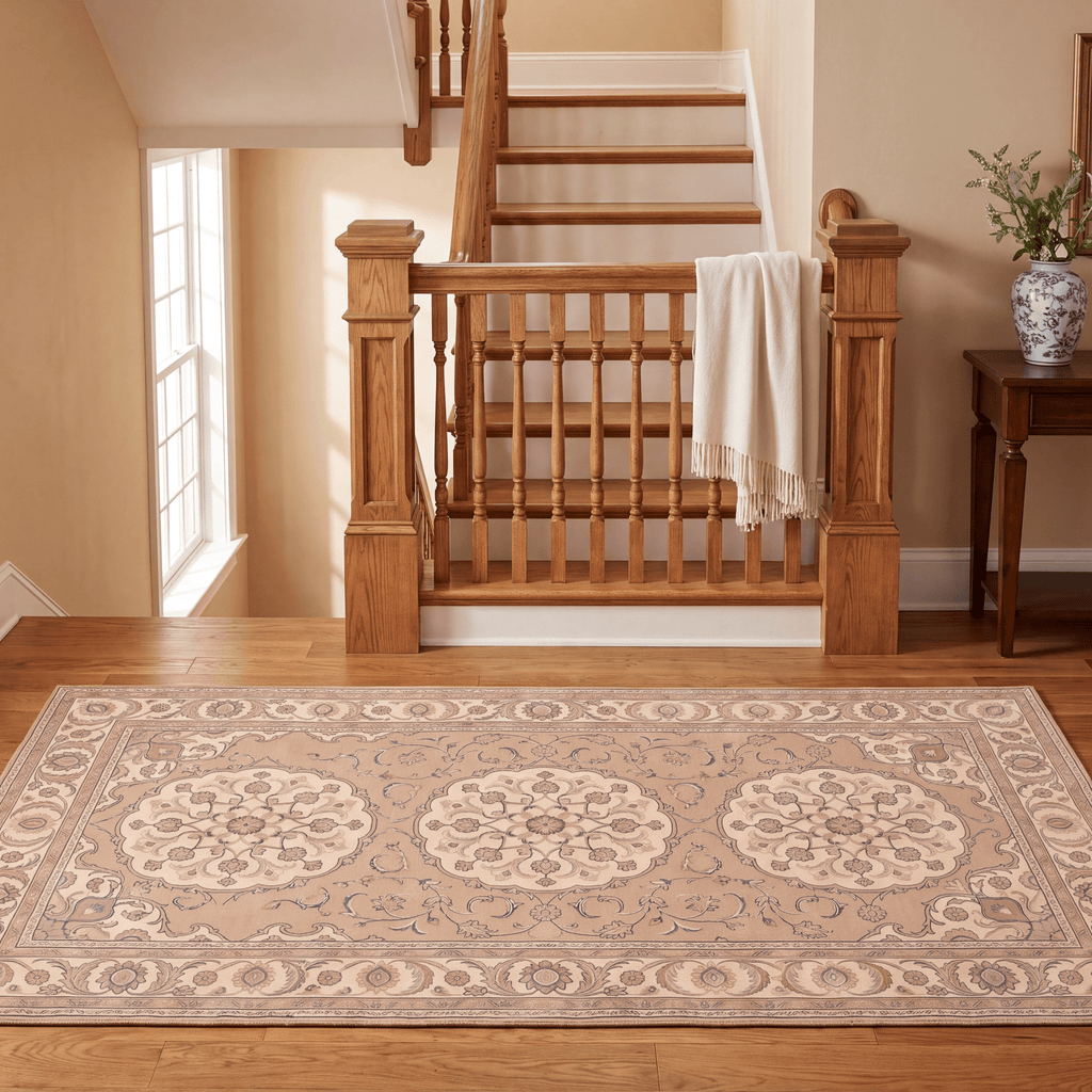 Rill2 Traditional Medallion Border Camel Cream Indigo Washable Indoor Outdoor Rug - RugzellaDigital Print RugRugzellaRugzellaBBB440-RECT-24x47-60x120cmRGZLLA100386Rectangle2' x 3'11" (60x120 cm)RUNNER | Rill2 runner staircase