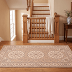 Rill2 Traditional Medallion Border Camel Cream Indigo Washable Indoor Outdoor Rug - RugzellaDigital Print RugRugzellaRugzellaBBB440-RECT-24x47-60x120cmRGZLLA100386Rectangle2' x 3'11" (60x120 cm)RUNNER | Rill2 runner staircase