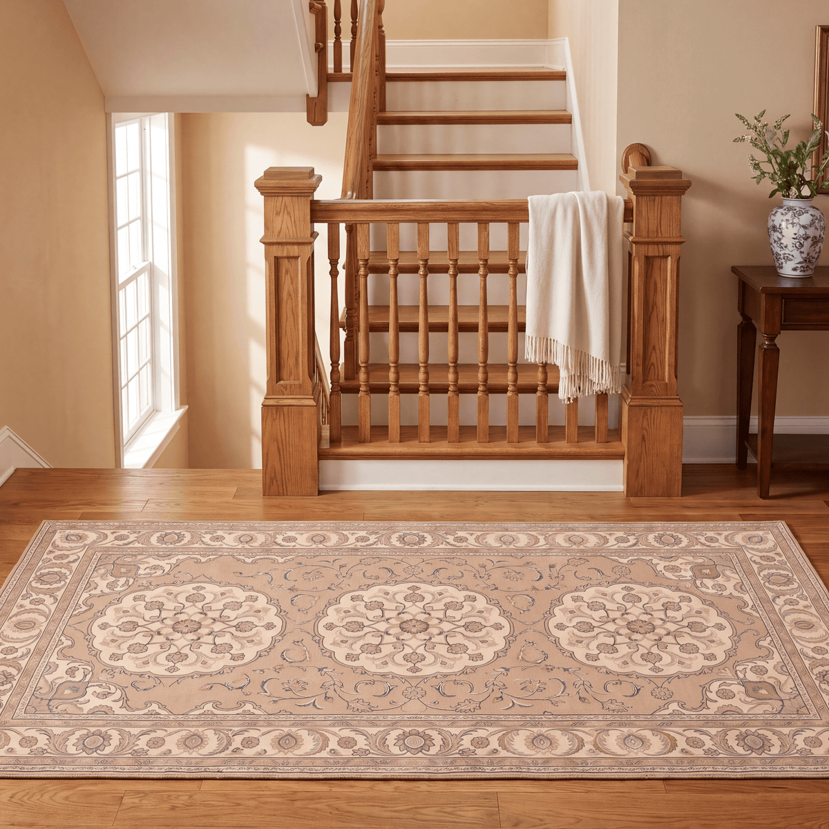 Rill2 Traditional Medallion Border Camel Cream Indigo Washable Indoor Outdoor Rug - RugzellaDigital Print RugRugzellaRugzellaBBB440-RECT-24x47-60x120cmRGZLLA100386Rectangle2' x 3'11" (60x120 cm)RUNNER | Rill2 runner staircase