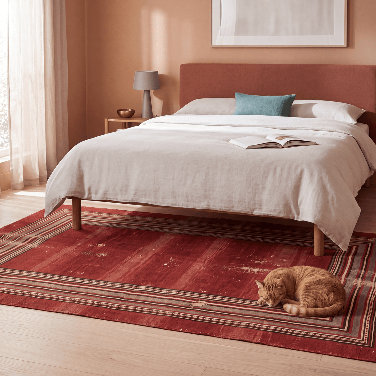 The rug at the foot of a bed with a cat asleep on it.