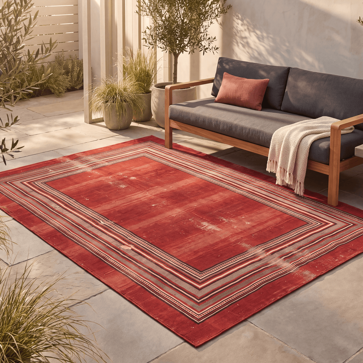 The rug laid flat on a patio beside outdoor seating.