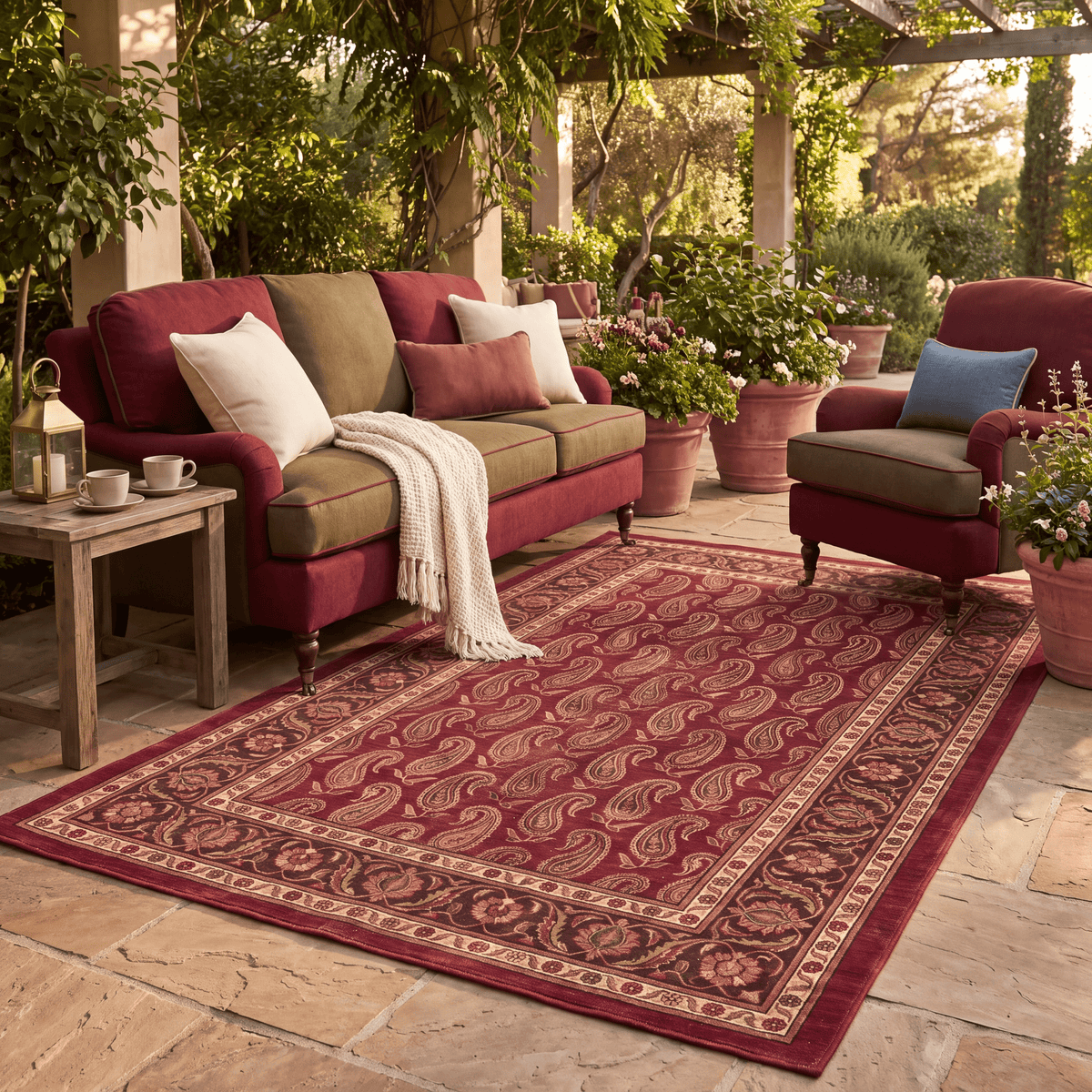 The rug laid flat on a patio beside outdoor seating.