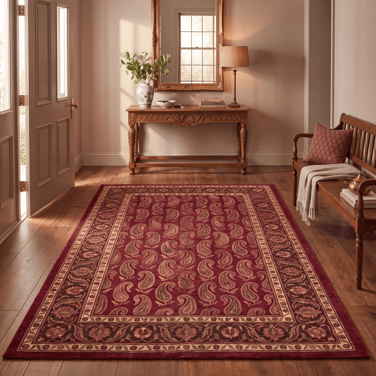 Riverbend Traditional Floral Border Wine Olive Bone Washable Indoor Outdoor Entryway Rug - RugzellaDigital Print RugRugzellaRugzellaBBB468-RECT-24x47-60x120cmRGZLLA144271Rectangle2' x 3'11" (60x120 cm)RECTANGLE | Riverbend rectangle entryway