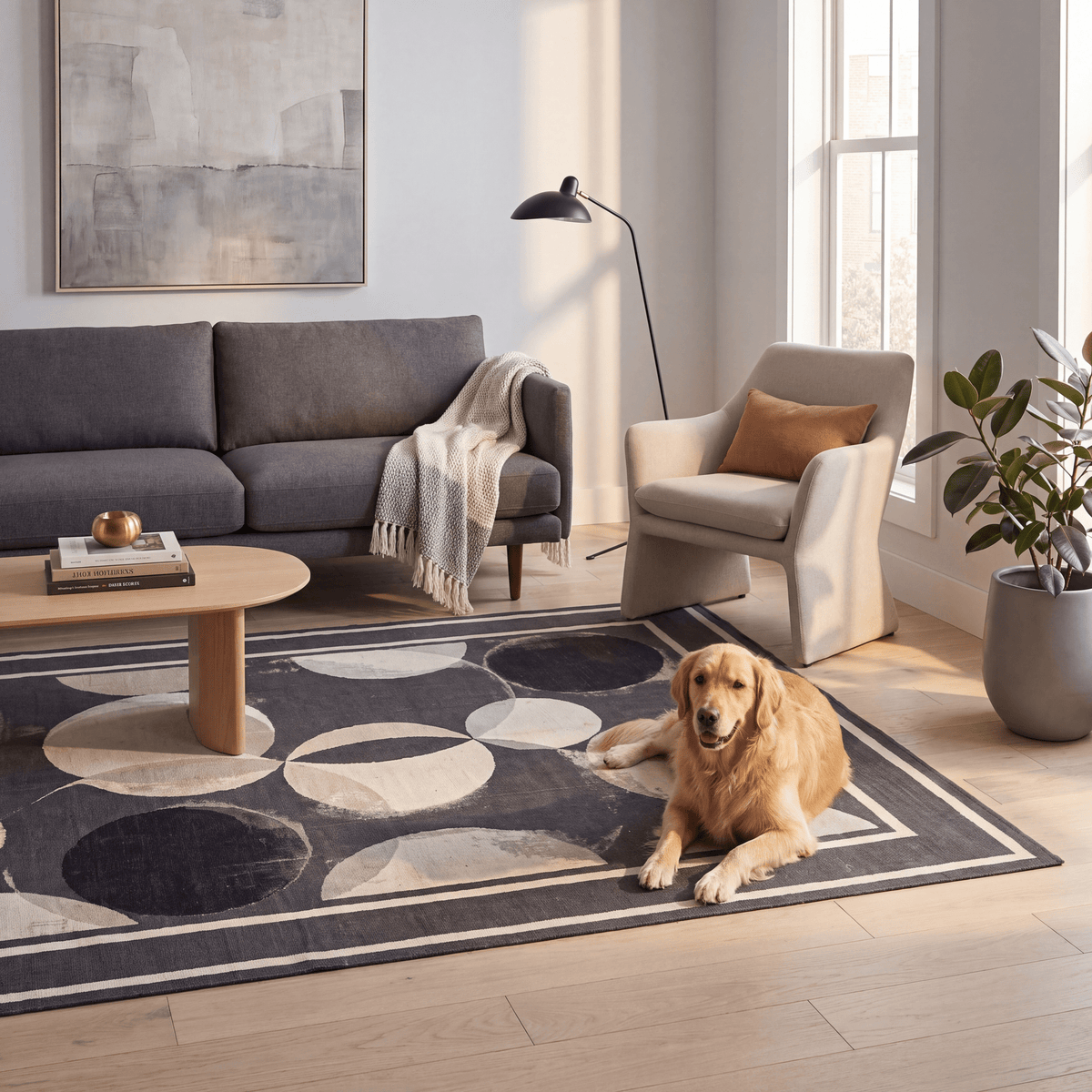 A dog resting on the rug in a living room.