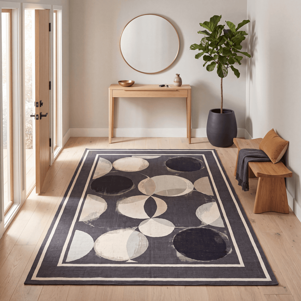 Sandfield Modern Overlapping Circles Charcoal Ink Ecru Washable Indoor Outdoor Entryway Rug - RugzellaDigital Print RugRugzellaRugzellaBBB470-RECT-24x47-60x120cmRGZLLA144941Rectangle2' x 3'11" (60x120 cm)RECTANGLE | Sandfield rectangle entryway