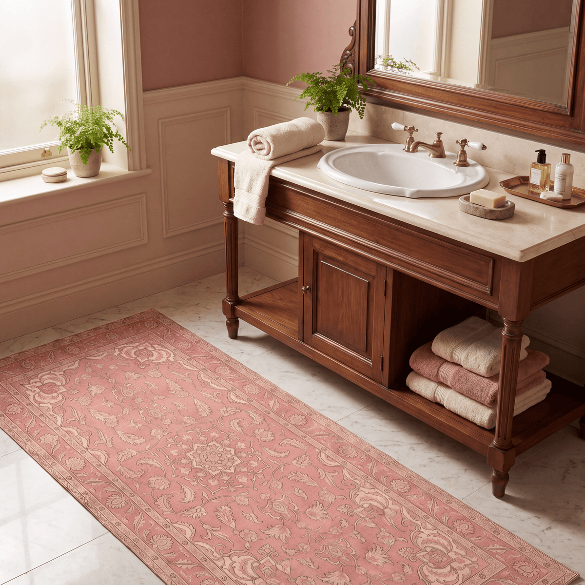 Scarp2 Traditional Oriental Style Medallion Rose Madder Cream Washable Indoor Outdoor Entryway Rug - RugzellaDigital Print RugRugzellaRugzellaBBB442-RECT-24x47-60x120cmRGZLLA137571Rectangle2' x 3'11" (60x120 cm)RUNNER | Scarp2 runner bathroom