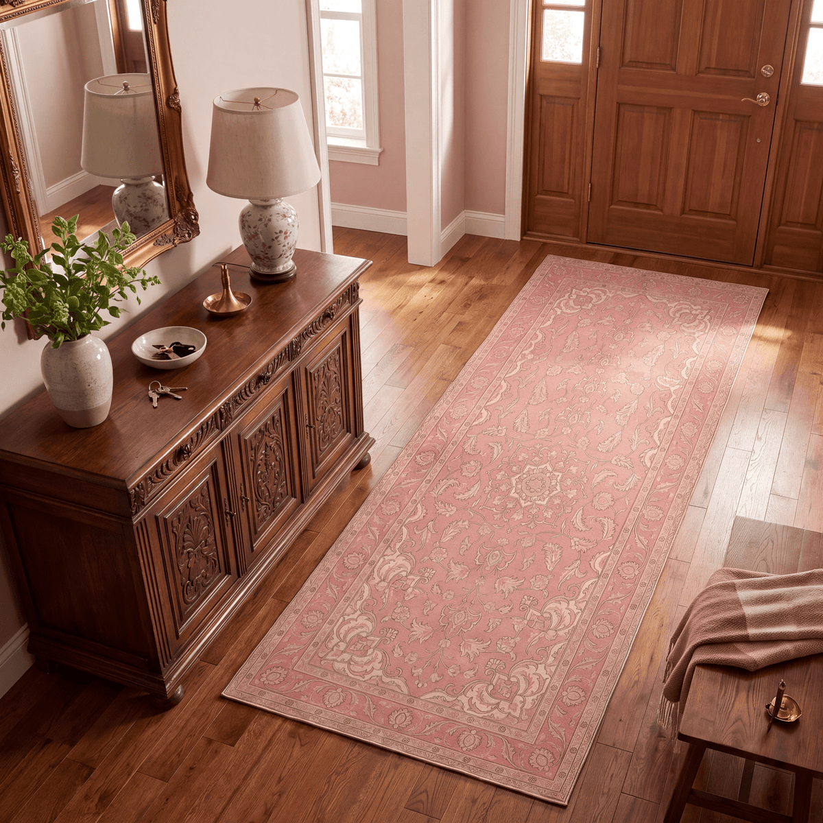 Scarp2 Traditional Oriental Style Medallion Rose Madder Cream Washable Indoor Outdoor Entryway Rug - RugzellaDigital Print RugRugzellaRugzellaBBB442-RECT-24x47-60x120cmRGZLLA137571Rectangle2' x 3'11" (60x120 cm)RUNNER | Scarp2 runner entryway