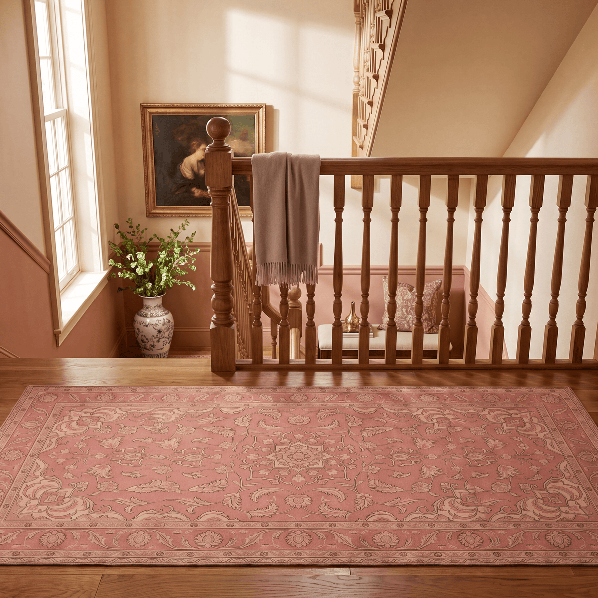Scarp2 Traditional Oriental Style Medallion Rose Madder Cream Washable Indoor Outdoor Entryway Rug - RugzellaDigital Print RugRugzellaRugzellaBBB442-RECT-24x47-60x120cmRGZLLA137571Rectangle2' x 3'11" (60x120 cm)RUNNER | Scarp2 runner staircase