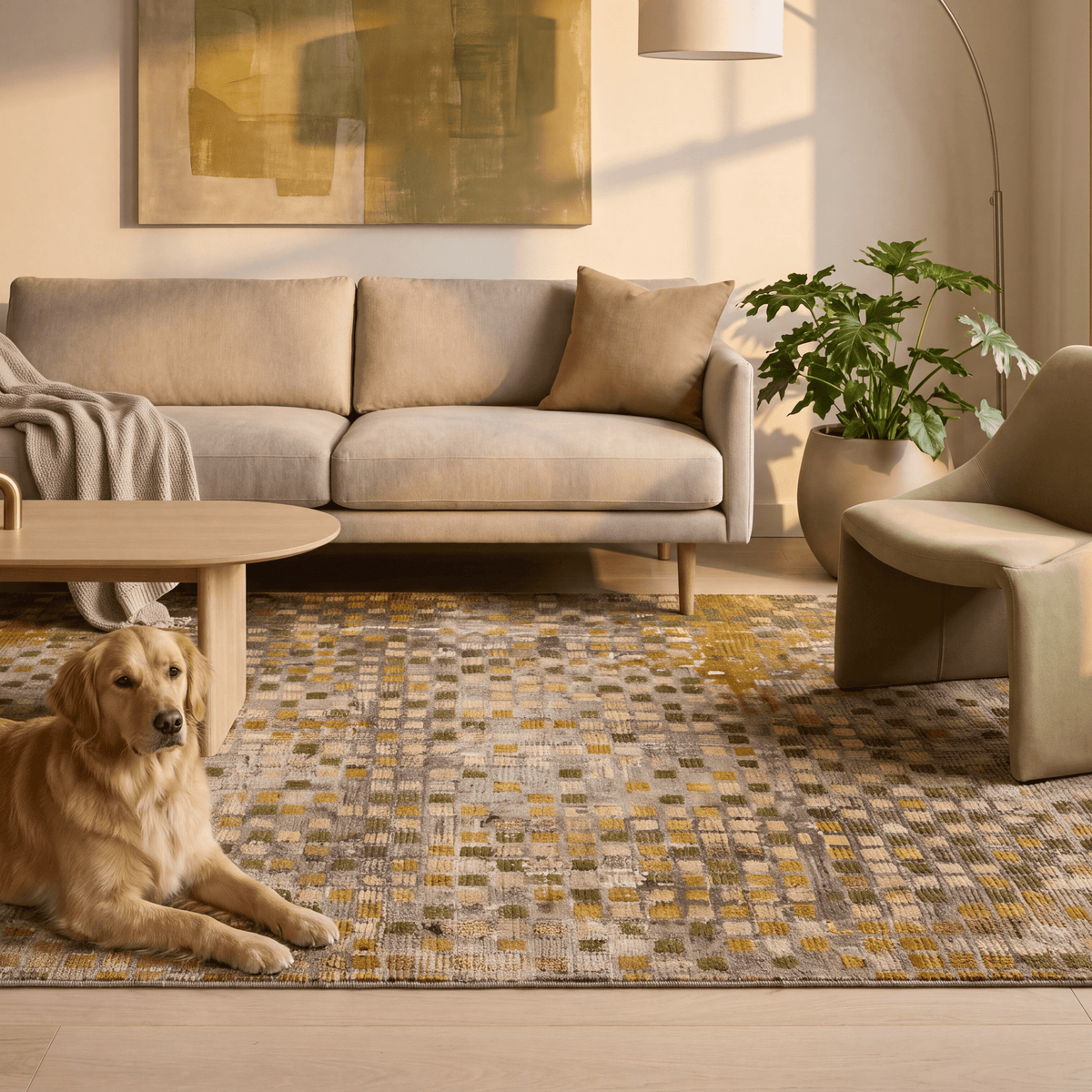 A dog resting on the rug in a living room.