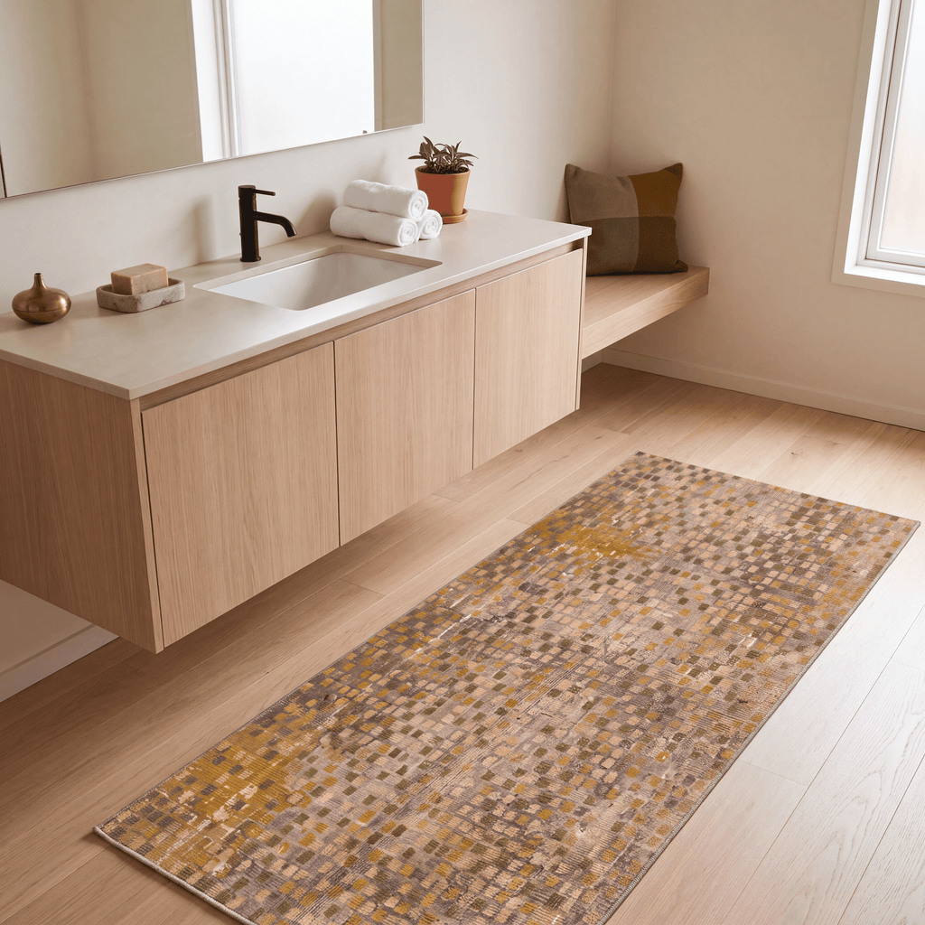Scree2 Modern Speckled Mosaic Dot Ochre Olive Stone Washable Indoor Outdoor Entryway Rug - RugzellaDigital Print RugRugzellaRugzellaBBB443-RECT-24x47-60x120cmRGZLLA100721Rectangle2' x 3'11" (60x120 cm)RUNNER | Scree2 runner bathroom