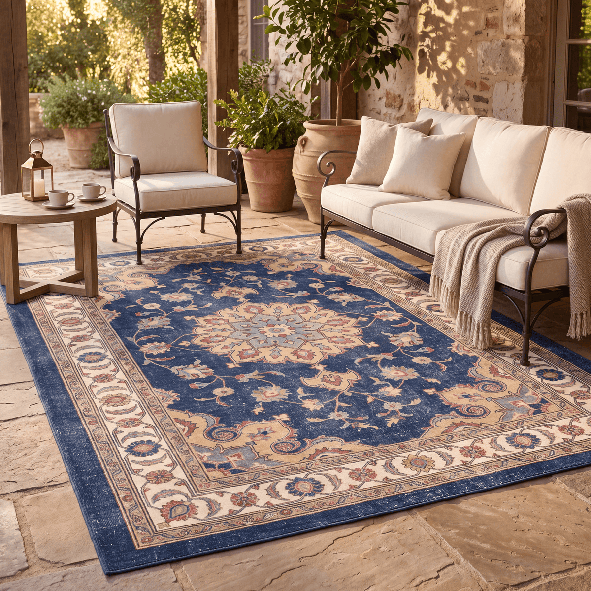 The rug laid flat on a patio beside outdoor seating.