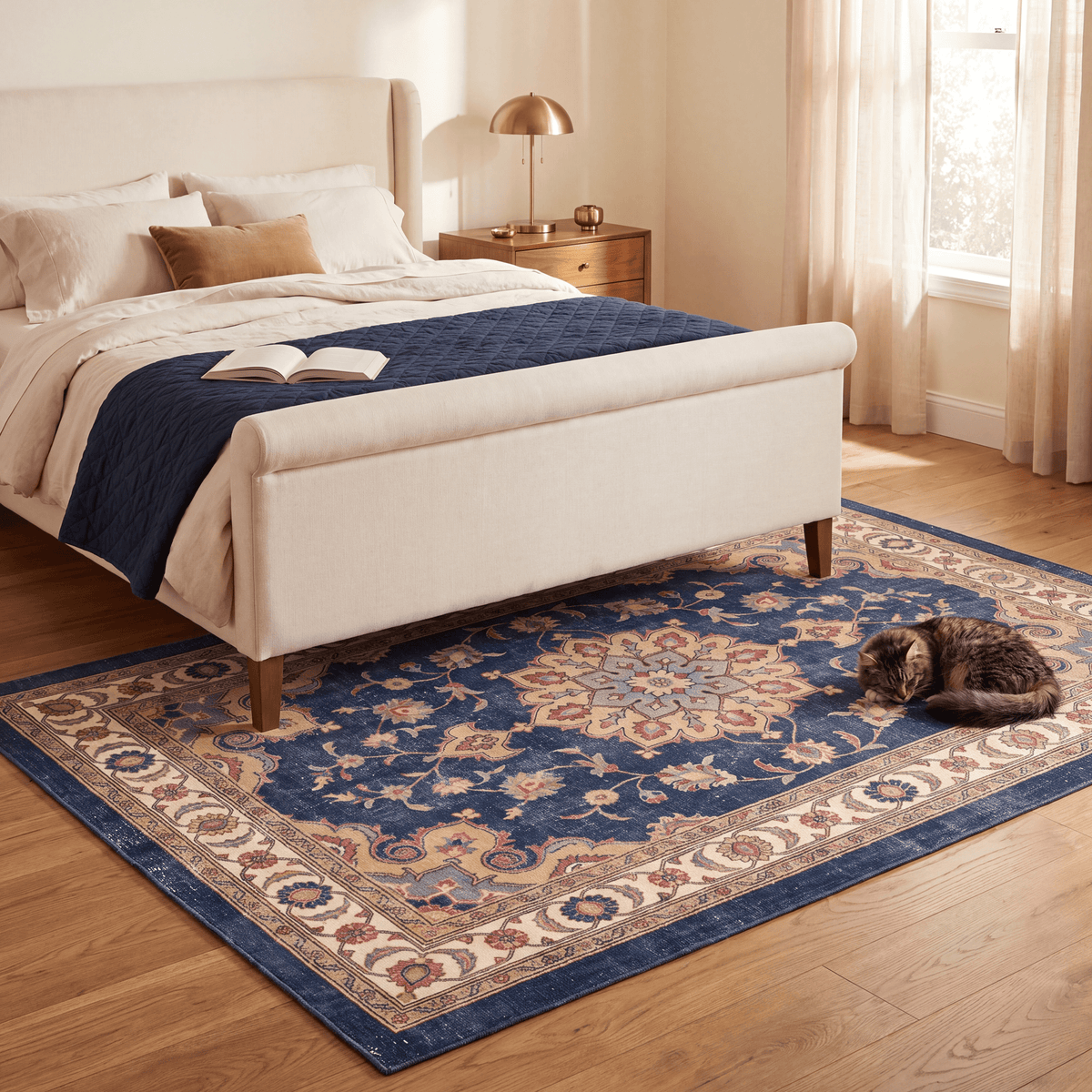 The rug at the foot of a bed with a cat asleep on it.