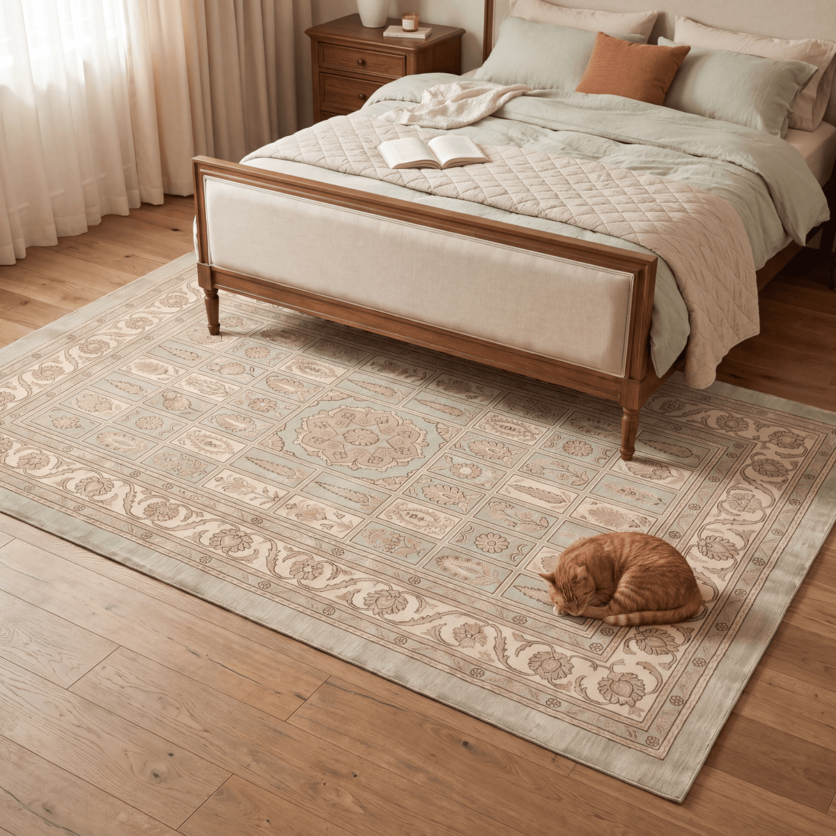 The rug at the foot of a bed with a cat asleep on it.