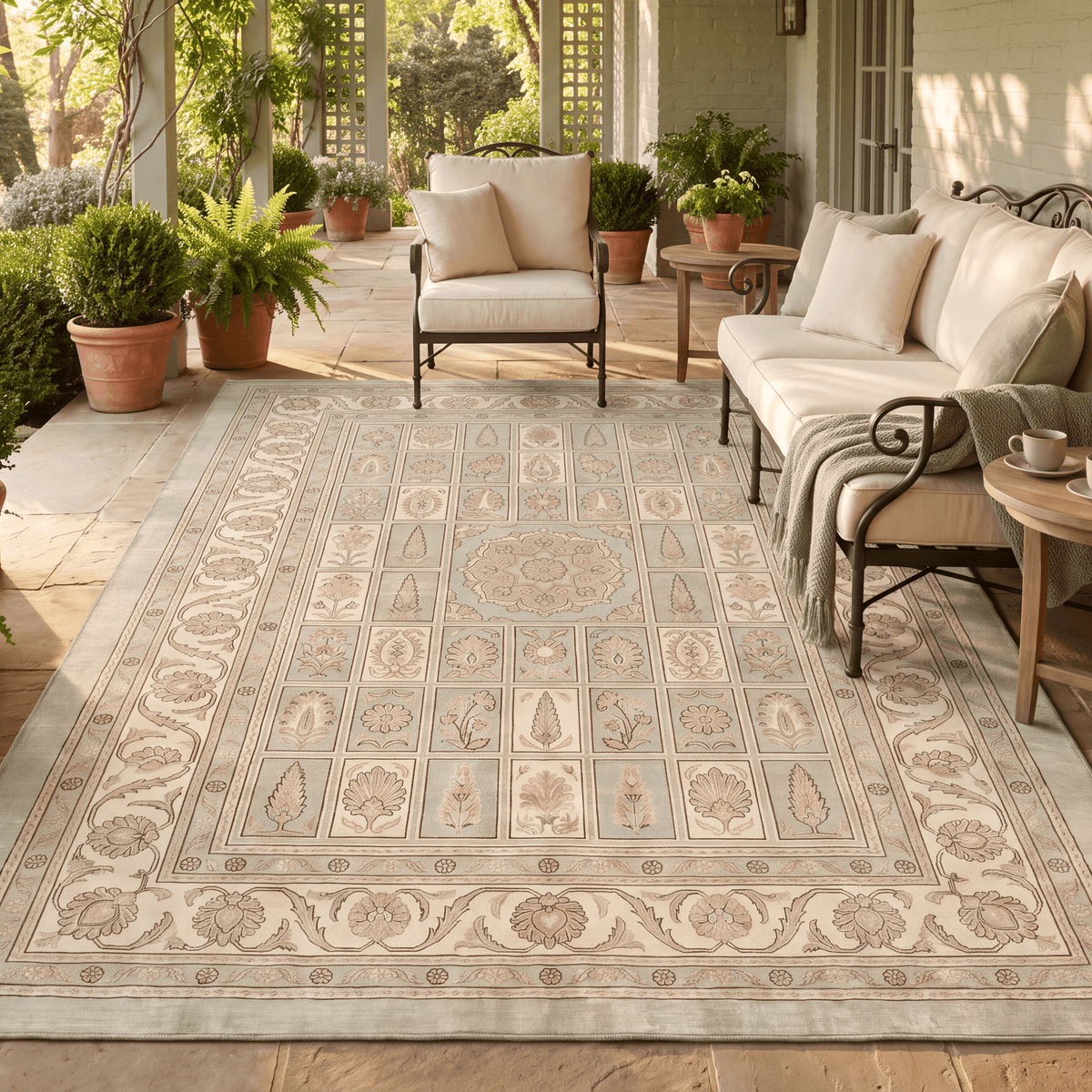 The rug laid flat on a patio beside outdoor seating.