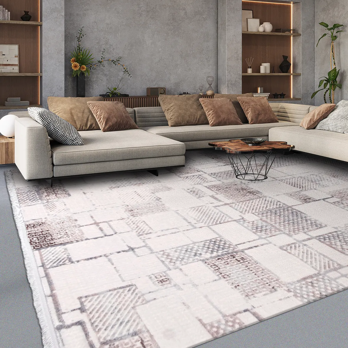SHARED | Lodestone Cream Taupe Patchwork Modern Machine Woven Living  photo 1