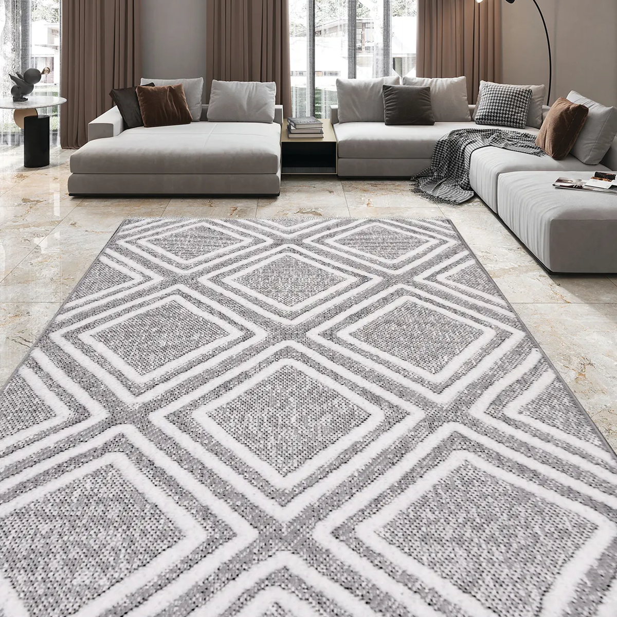 SHARED | Bilberry Modern Geometric Diamond Lattice Grey Ivory Machine photo 1
