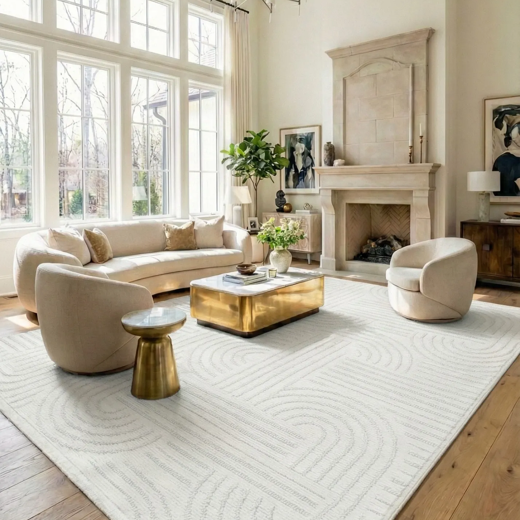 SHARED | Elmwood Ivory Geometric Modern Machine Woven Carved High Low photo 1