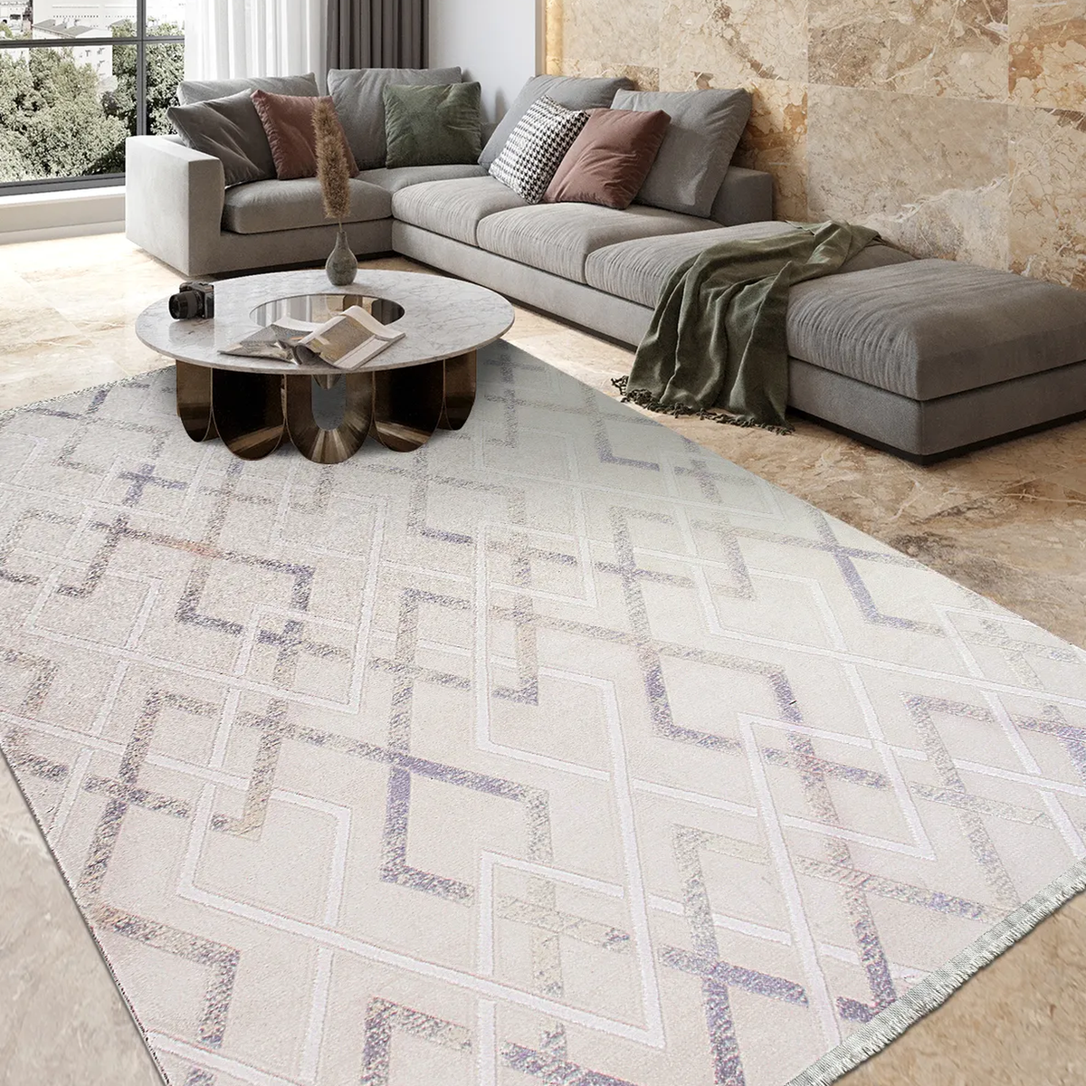 SHARED | Pinnacle Cream Lilac Geometric Modern Machine Woven Living R photo 1
