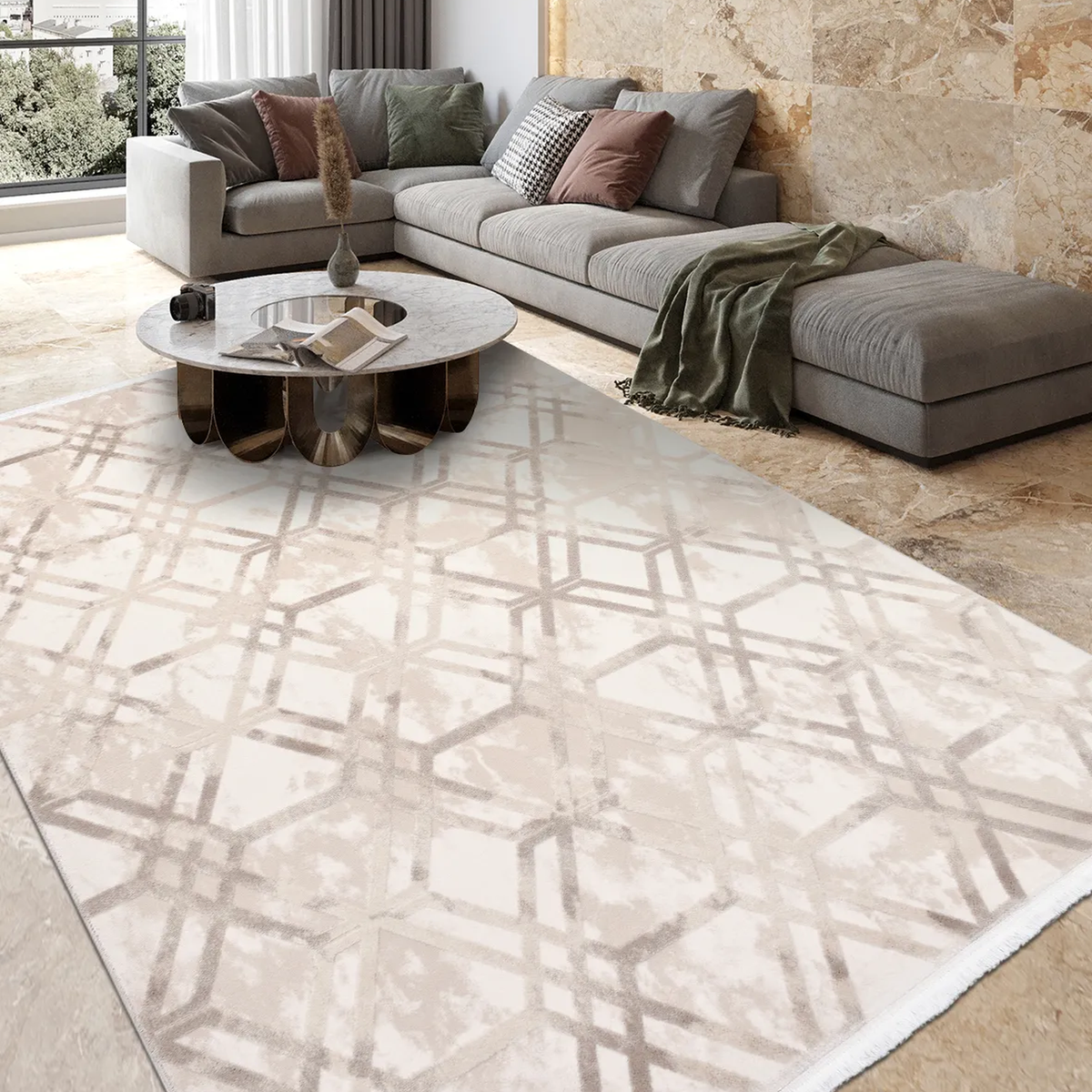 SHARED | Oasis Cream Beige Geometric Diamond Lattice Modern Machine W photo 1