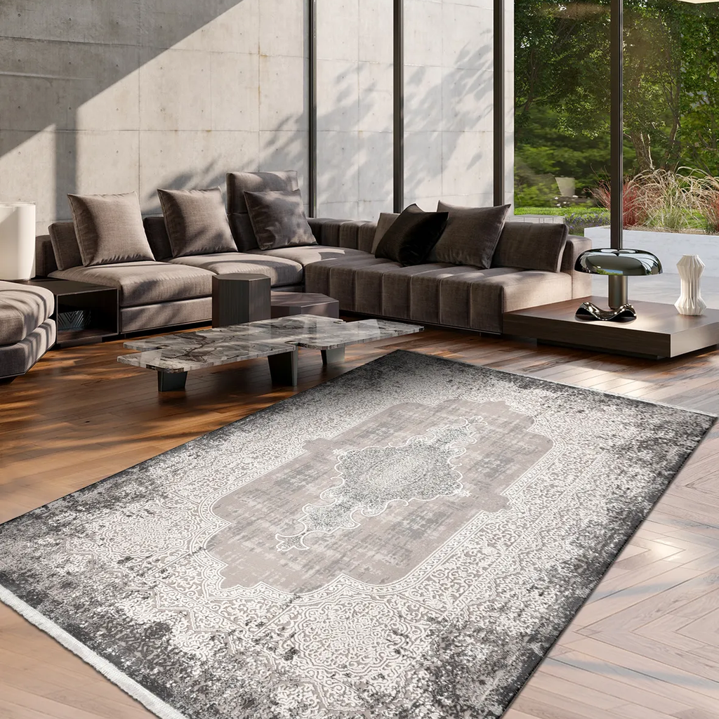 SHARED | Datca Persian Style Medallion Distressed Vintage Look Grey C photo 1