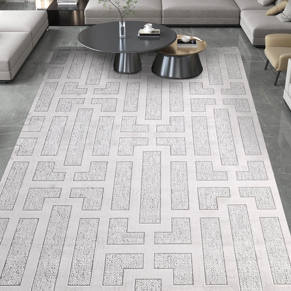 SHARED | Bourne Cream Grey Geometric Maze Modern Machine Woven Living photo 1