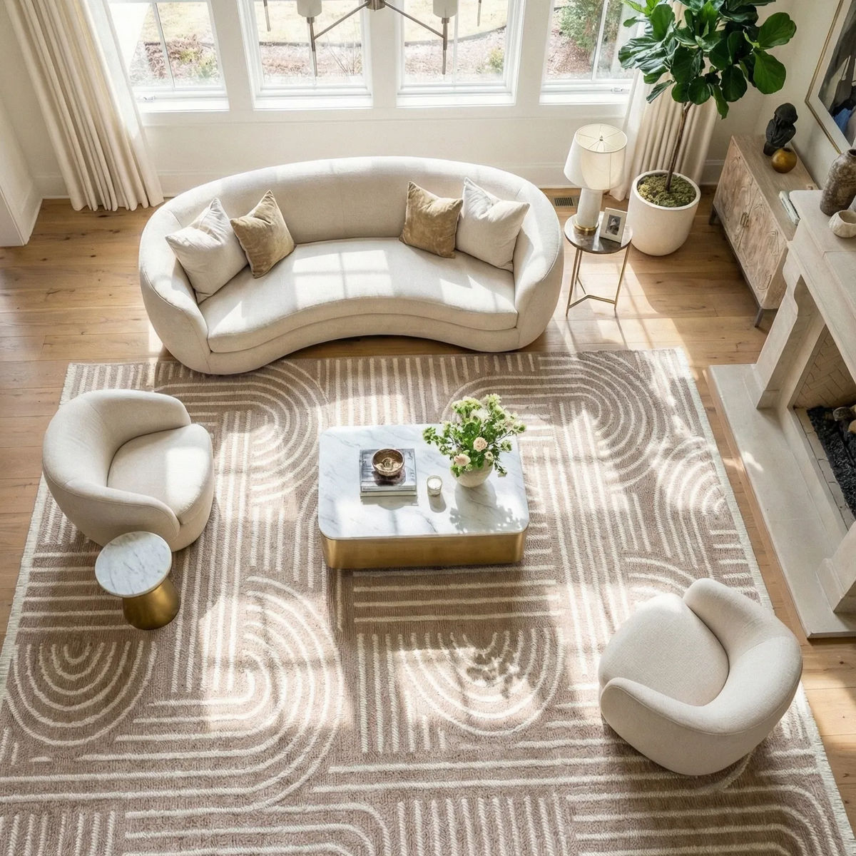 SHARED | Cranberry Beige Cream Modern Geometric Carved Arch Machine W photo 1