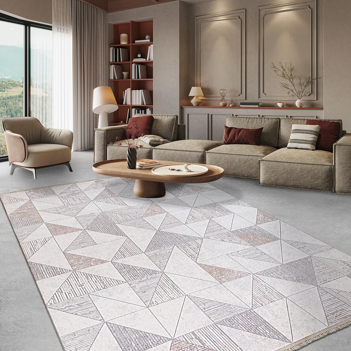 SHARED | Hollyhock Cream Grey Geometric Triangle Mosaic Modern Machin photo 1