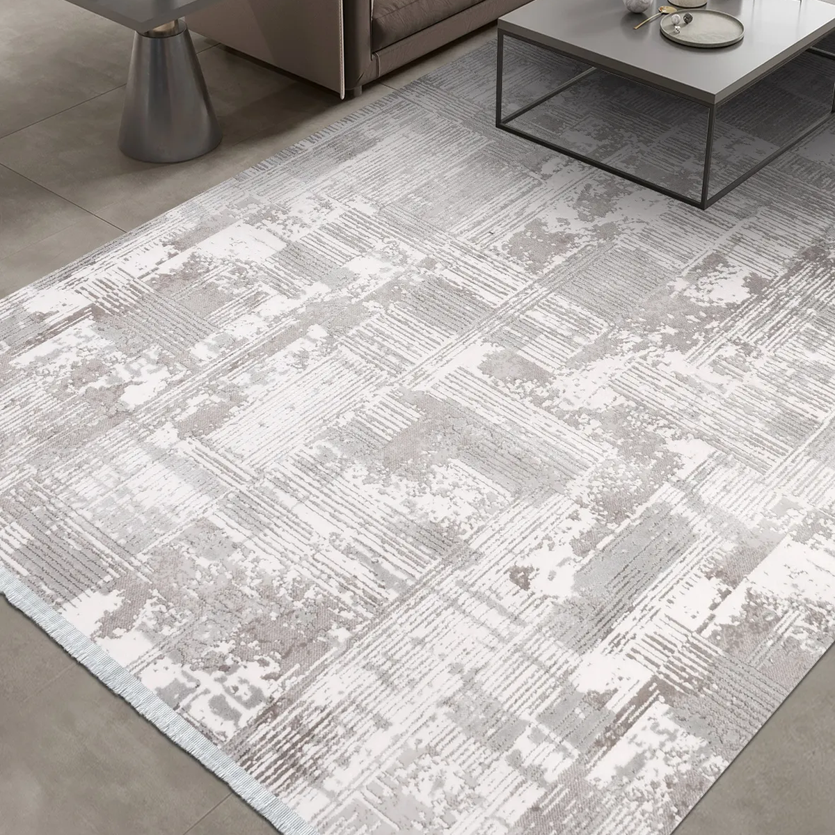 SHARED | Pergamon Cream Grey Abstract Modern Machine Woven Living Roo photo 1