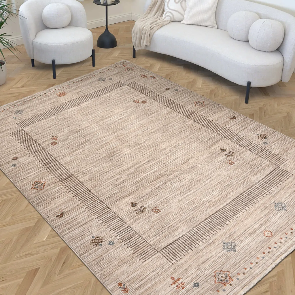 SHARED | Teasel Beige Cream Abstract Tribal Bordered Machine Woven Li photo 1