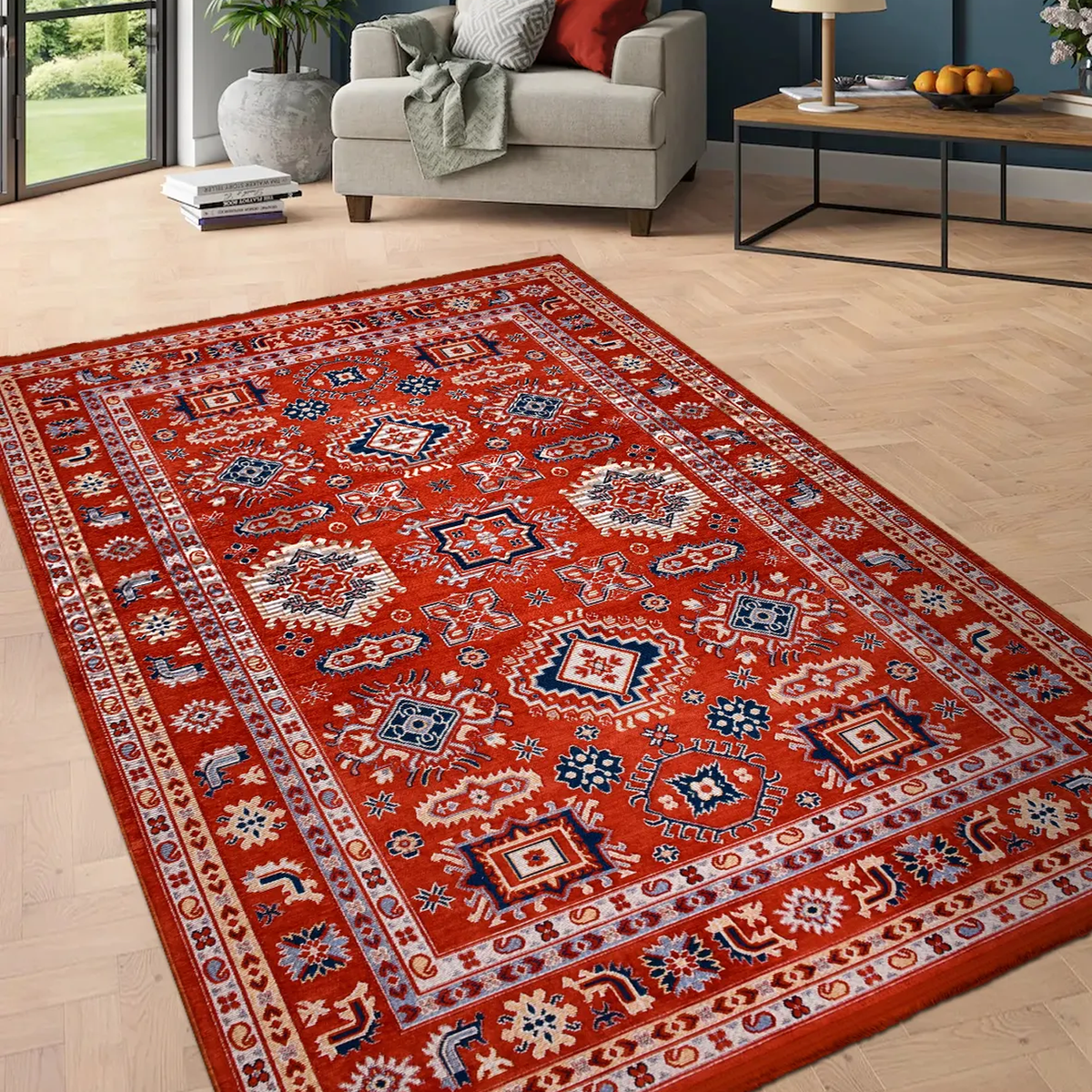 SHARED | Drizzle Red Navy Cream Persian Style Traditional Machine Wov photo 1