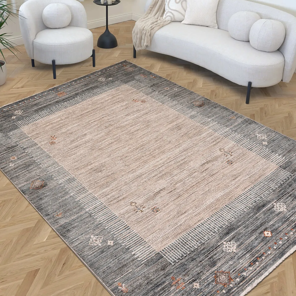 SHARED | Trefoil Grey Beige Abstract Tribal Border Machine Woven Livi photo 1