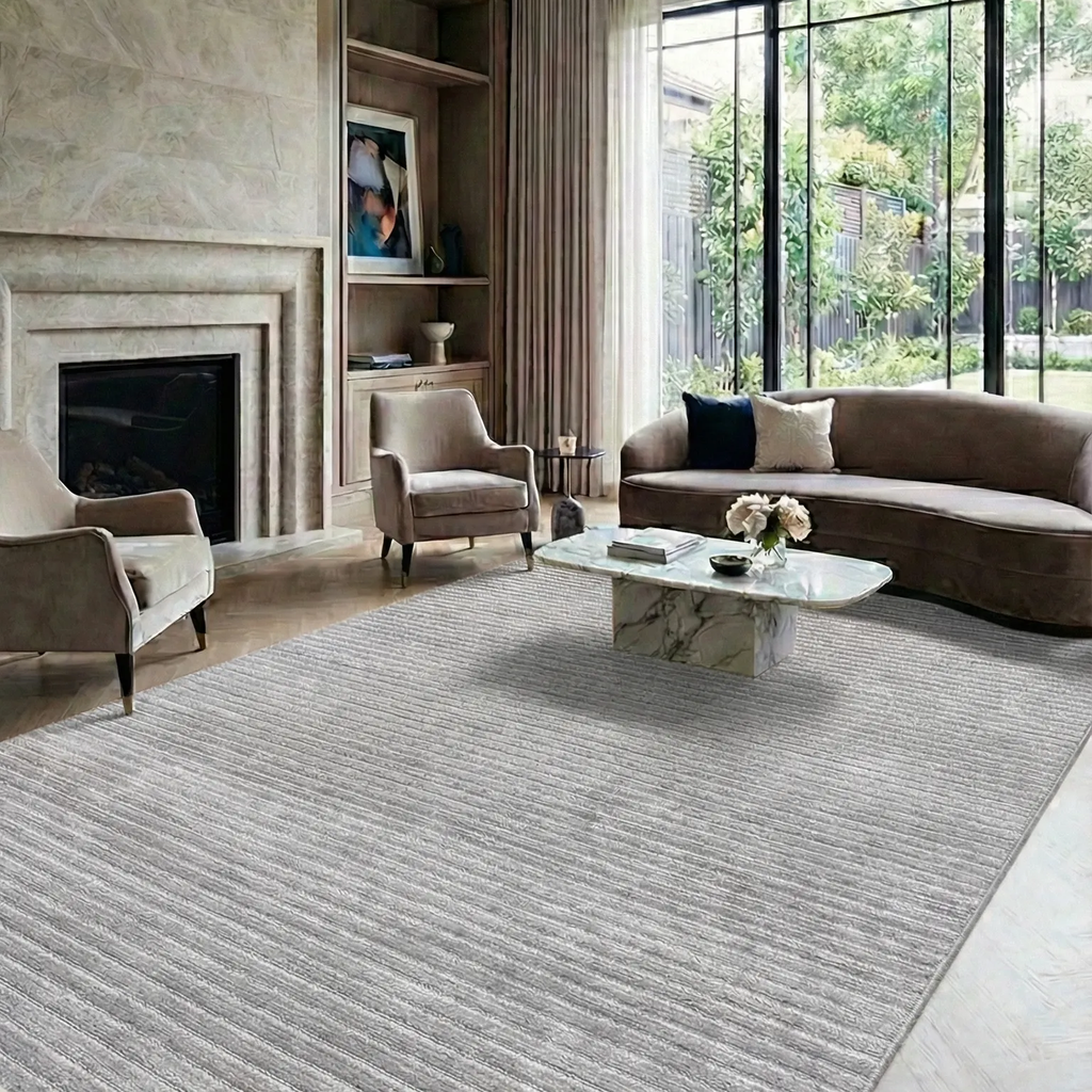 SHARED | Oakford Grey Silver Striped Modern Machine Woven Living Room photo 1