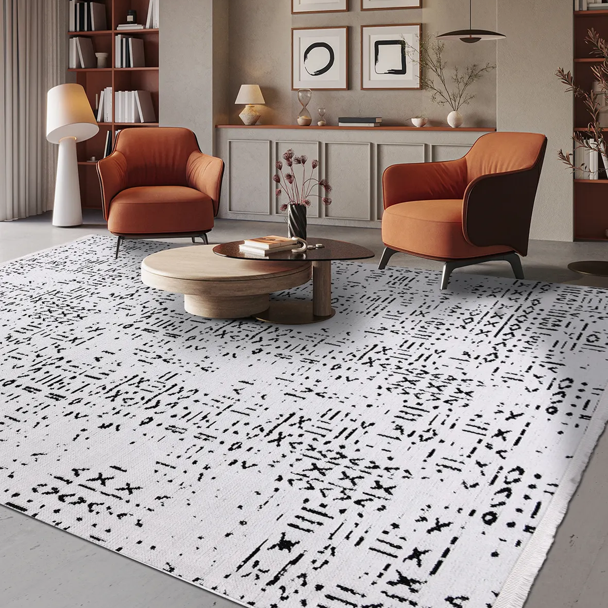 SHARED | Gale Ivory Black Abstract Boho Machine Woven Living Room Bed photo 1