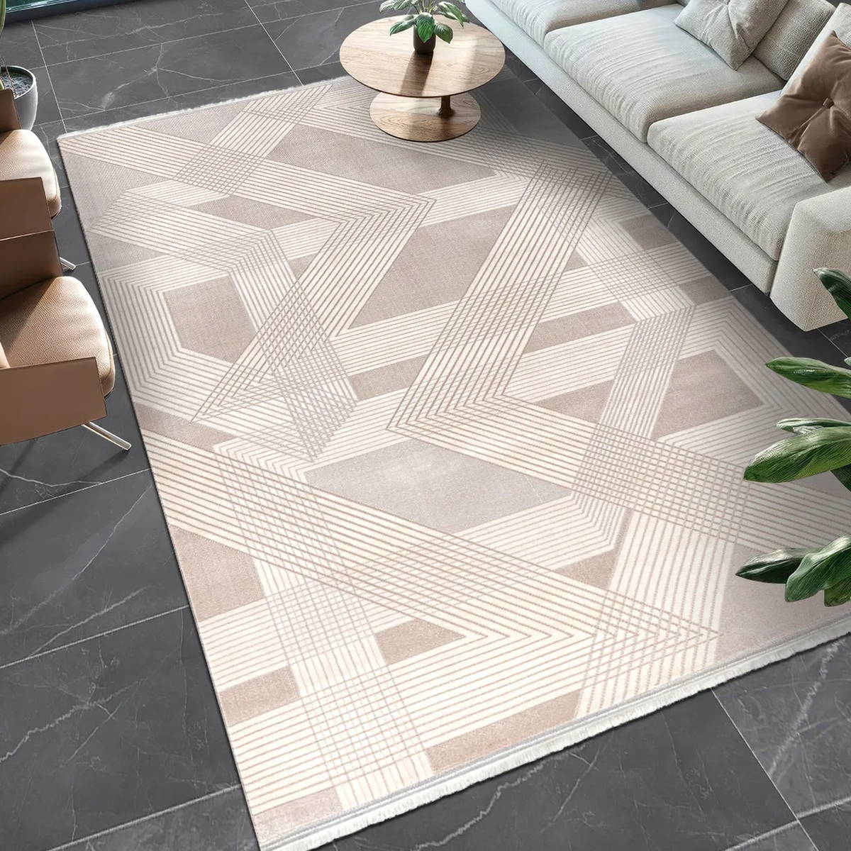 SHARED | Bergamot Beige Cream Modern Geometric Machine Woven Living R photo 1