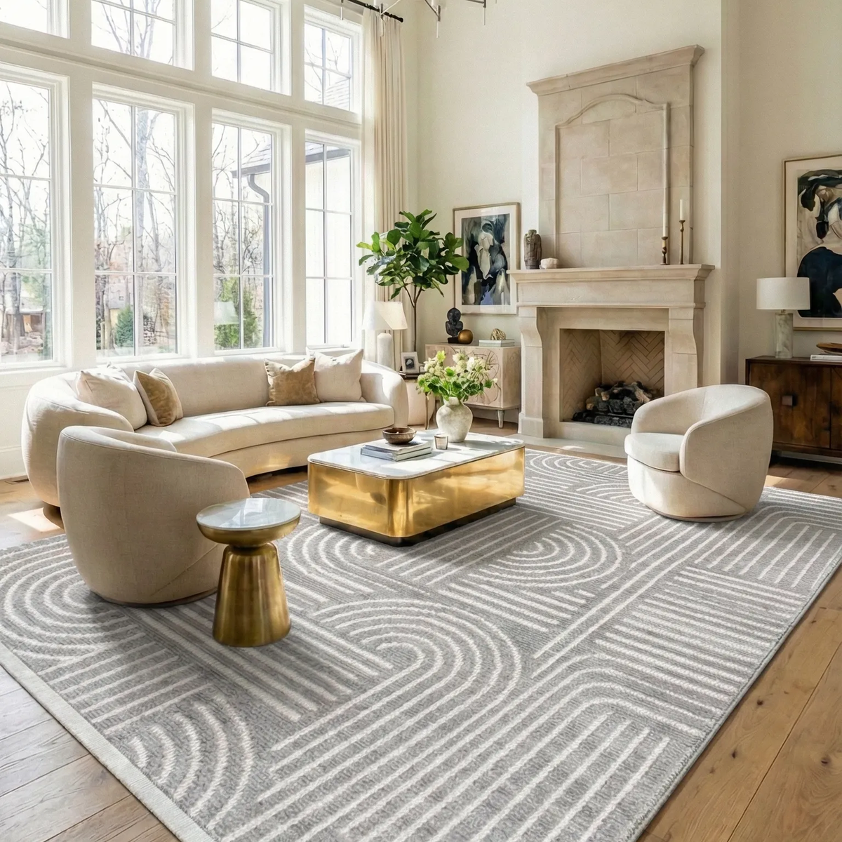 SHARED | Dogrose Grey Ivory Modern Geometric High-Low Machine Woven L photo 1
