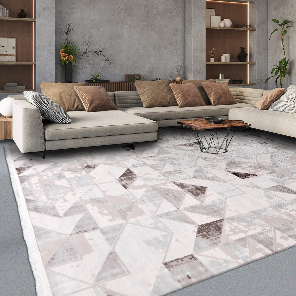 SHARED | Marl Cream Beige Modern Geometric Distressed Machine Woven L photo 1