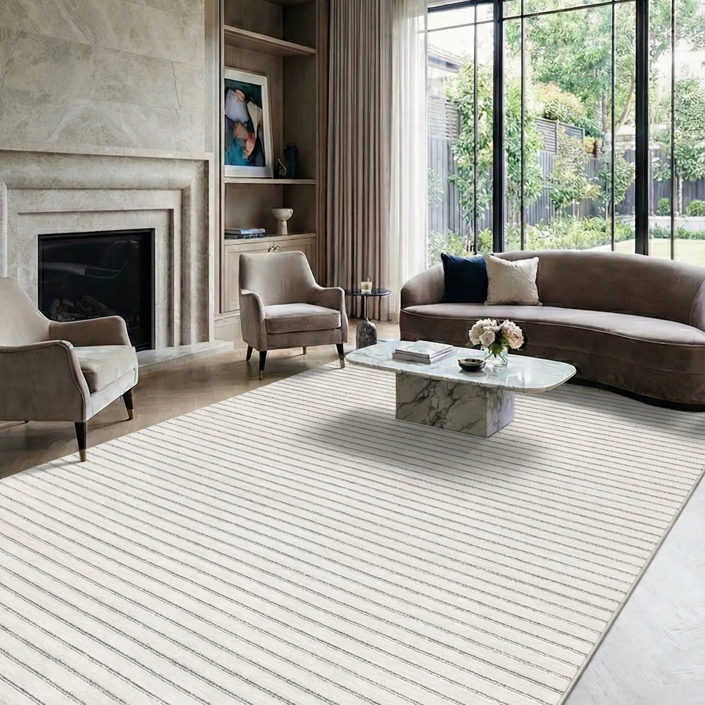 SHARED | Peony Cream Taupe Striped Modern Machine Woven Living Room B photo 1