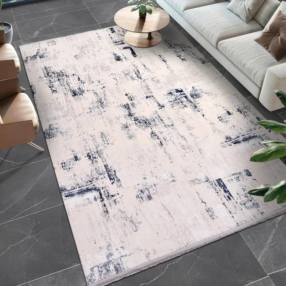 SHARED | Almond Cream Navy Abstract Modern Machine Woven Living Room  photo 1