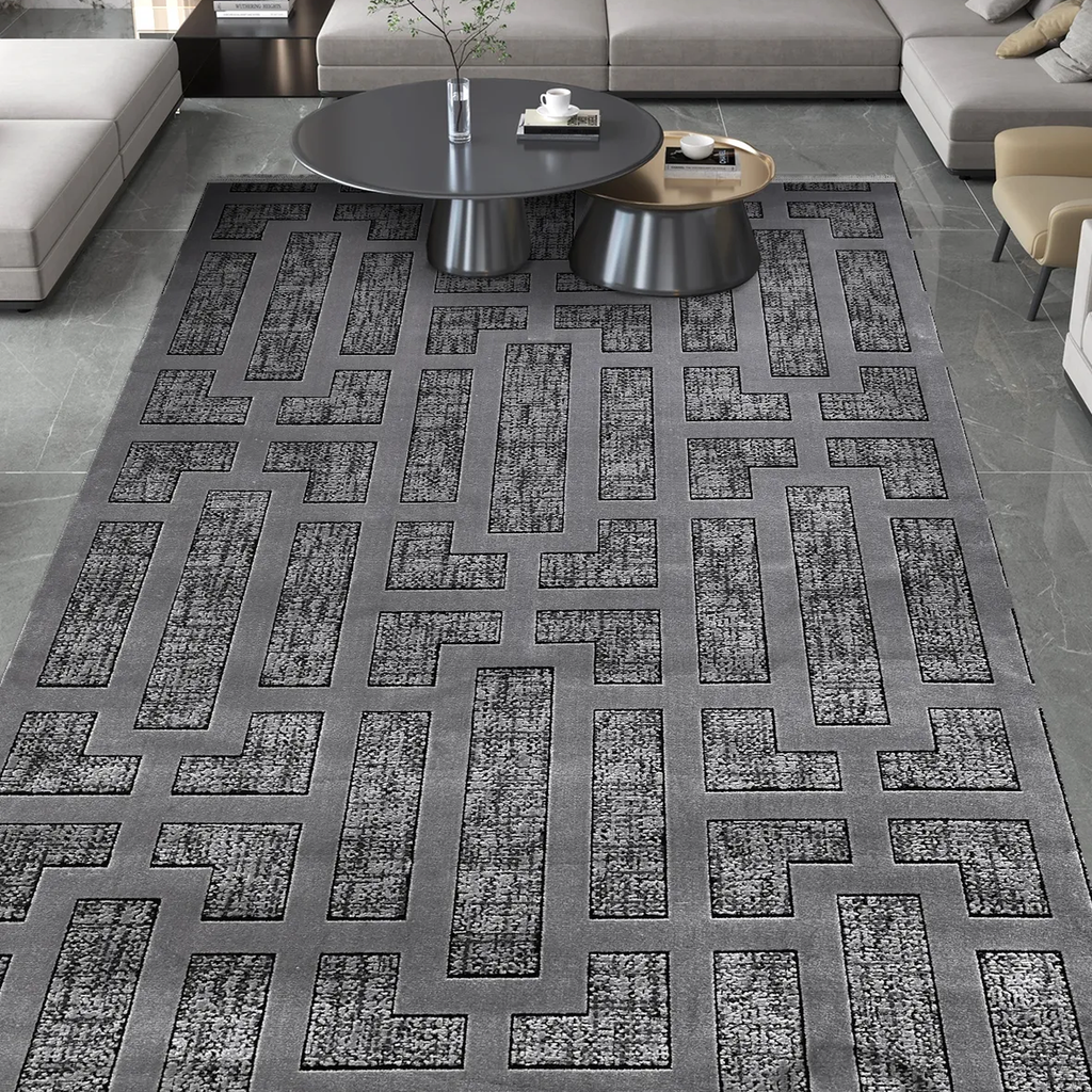 SHARED | Combe Grey Geometric Maze Modern Machine Woven Living Room B photo 1