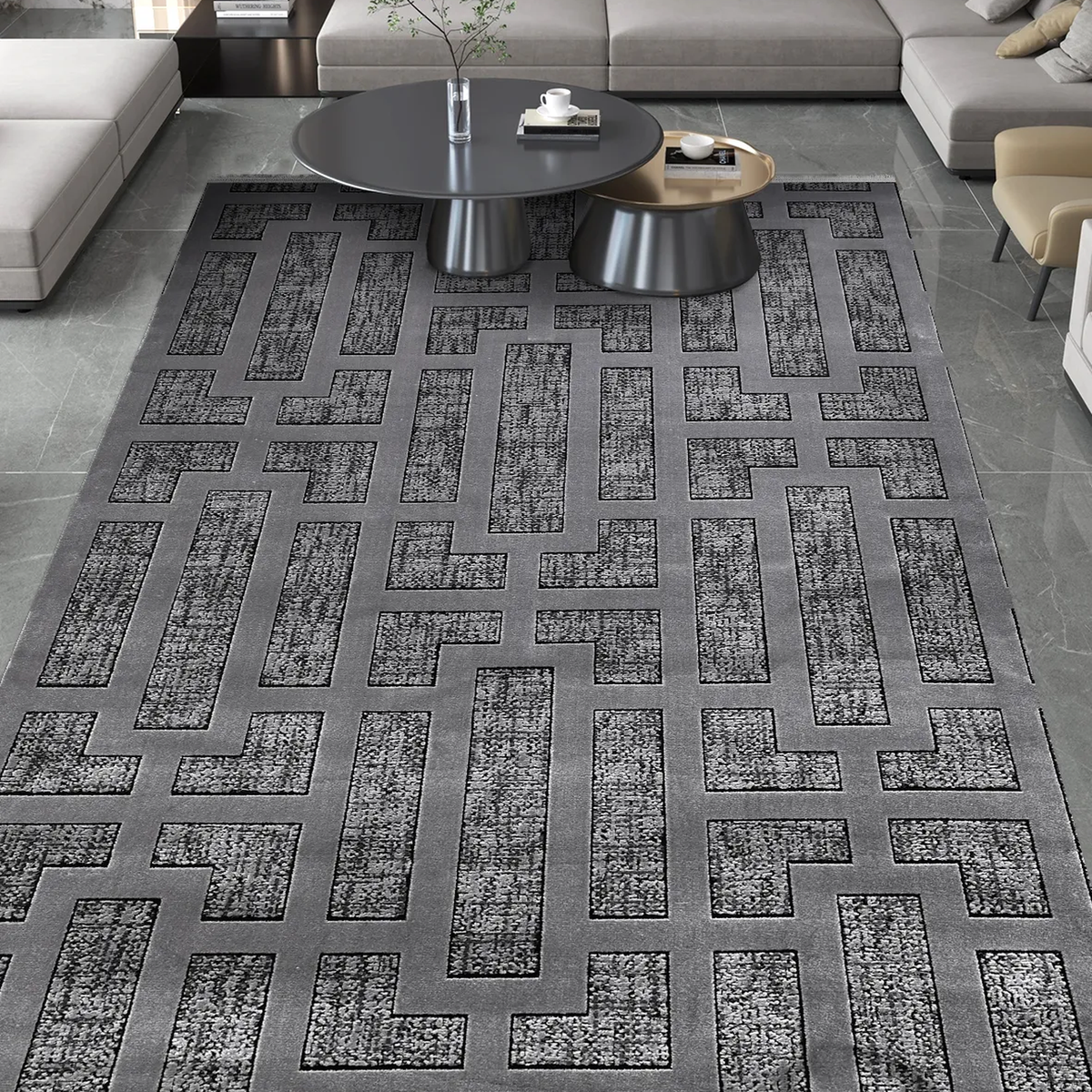 SHARED | Combe Grey Geometric Maze Modern Machine Woven Living Room B photo 1