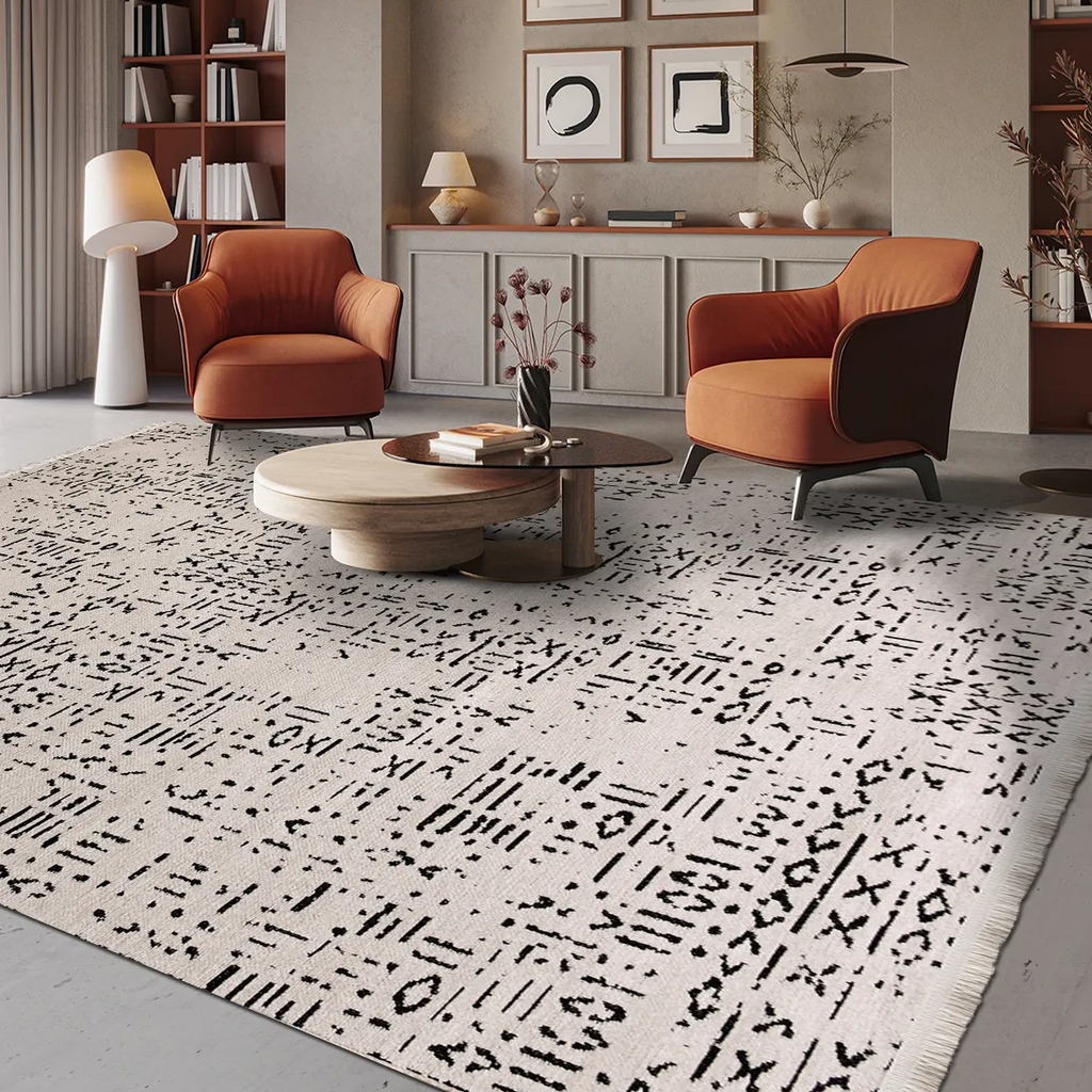 SHARED | Flare Cream Black Abstract Boho Machine Woven Living Room Be photo 1